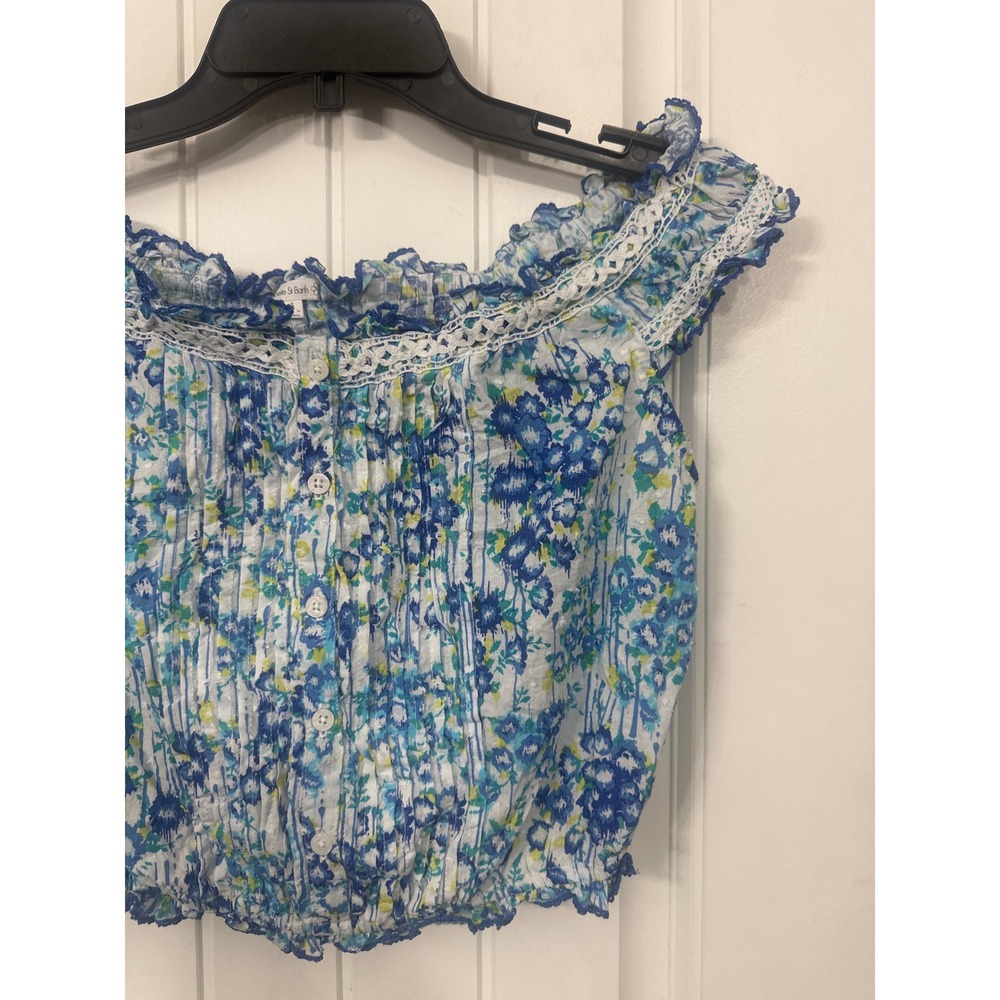 Poupette St Barth Blue Floral Off Shoulder Crop Top Button Front Lace Trim Small - Picture 4 of 8